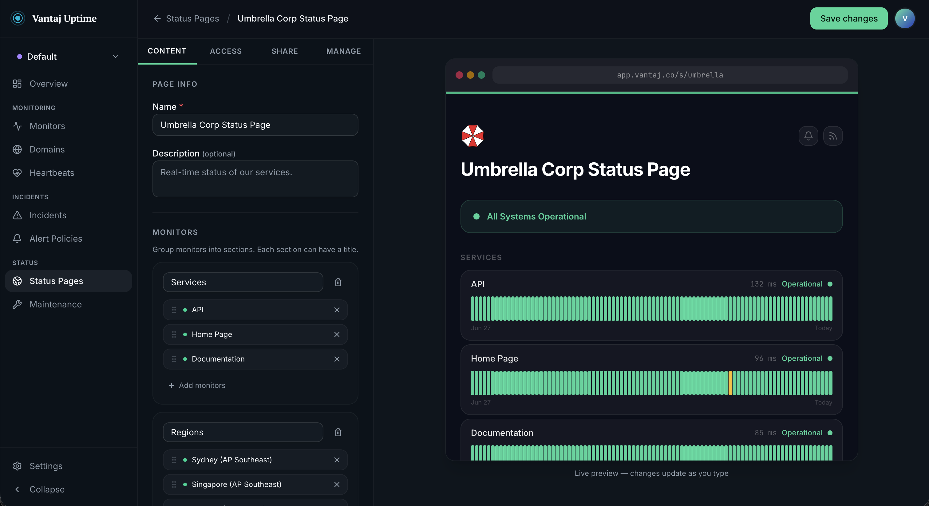 A public Vantaj status page showing overall status, per-monitor uptime bars, and past incidents